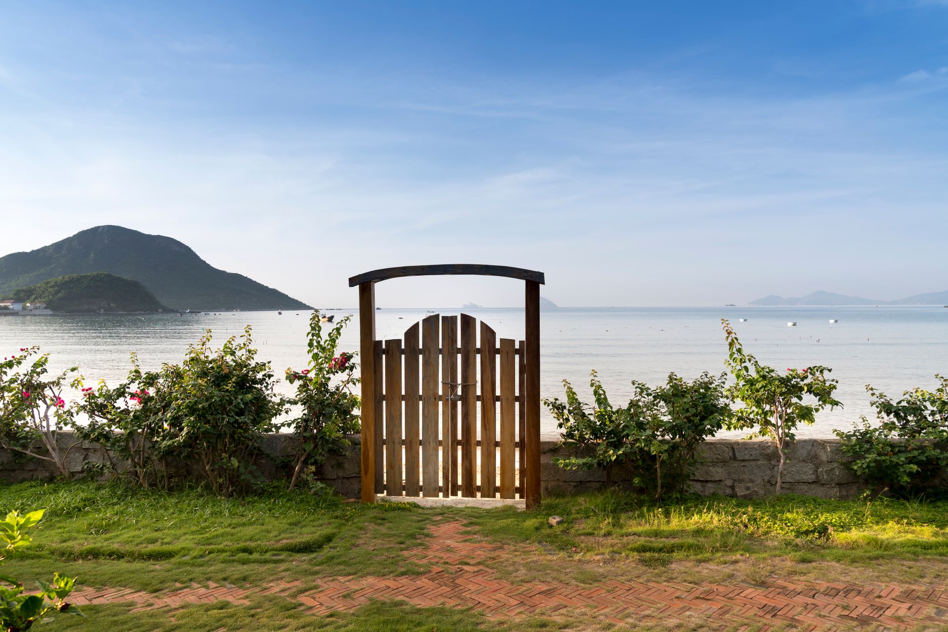 Wooden fence gate with iron handle, natural wood grain, set in a garden